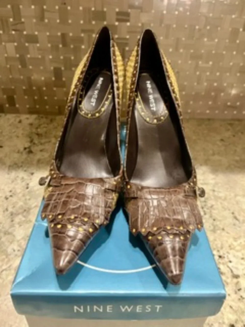 Nine West Pumps, Herringbone Fabric and Crocodile Faux Leather. Size 9M